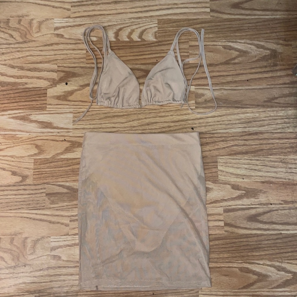 SHEIN SXY Tie Backless Crop Mesh Halter Top and Bodycon Skirt